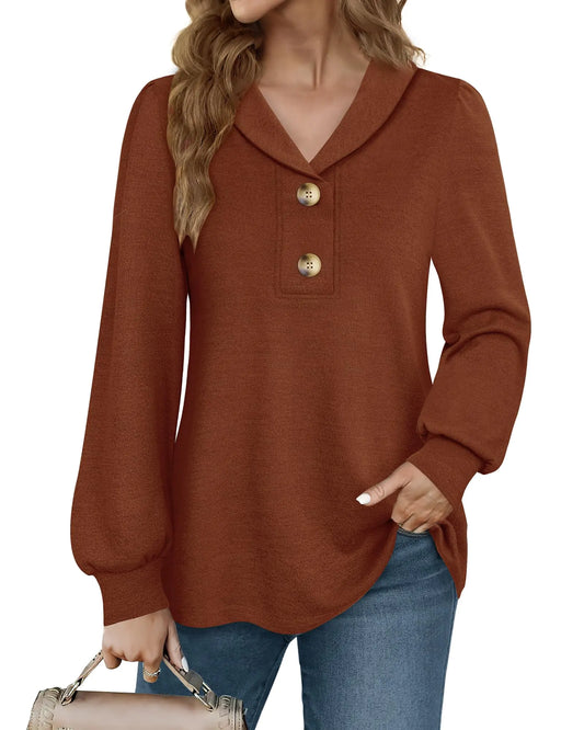 Furrzy Business Casual Tops for Women Tunics for Women Fashion 2024 Collared Shirts for Women Ladies Office Wear Tunic Tops to Wear with Leggings Fall Long Sleeve Tunics 2024 Brown Large
