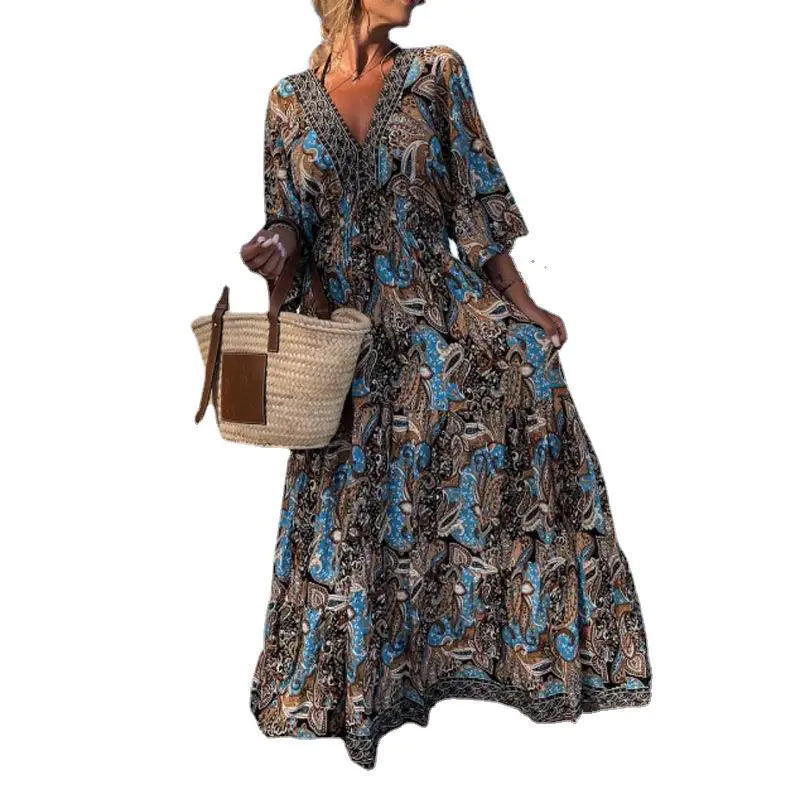 Furrzy Bohemian Style V-Neck Floral Maxi Dress for Women