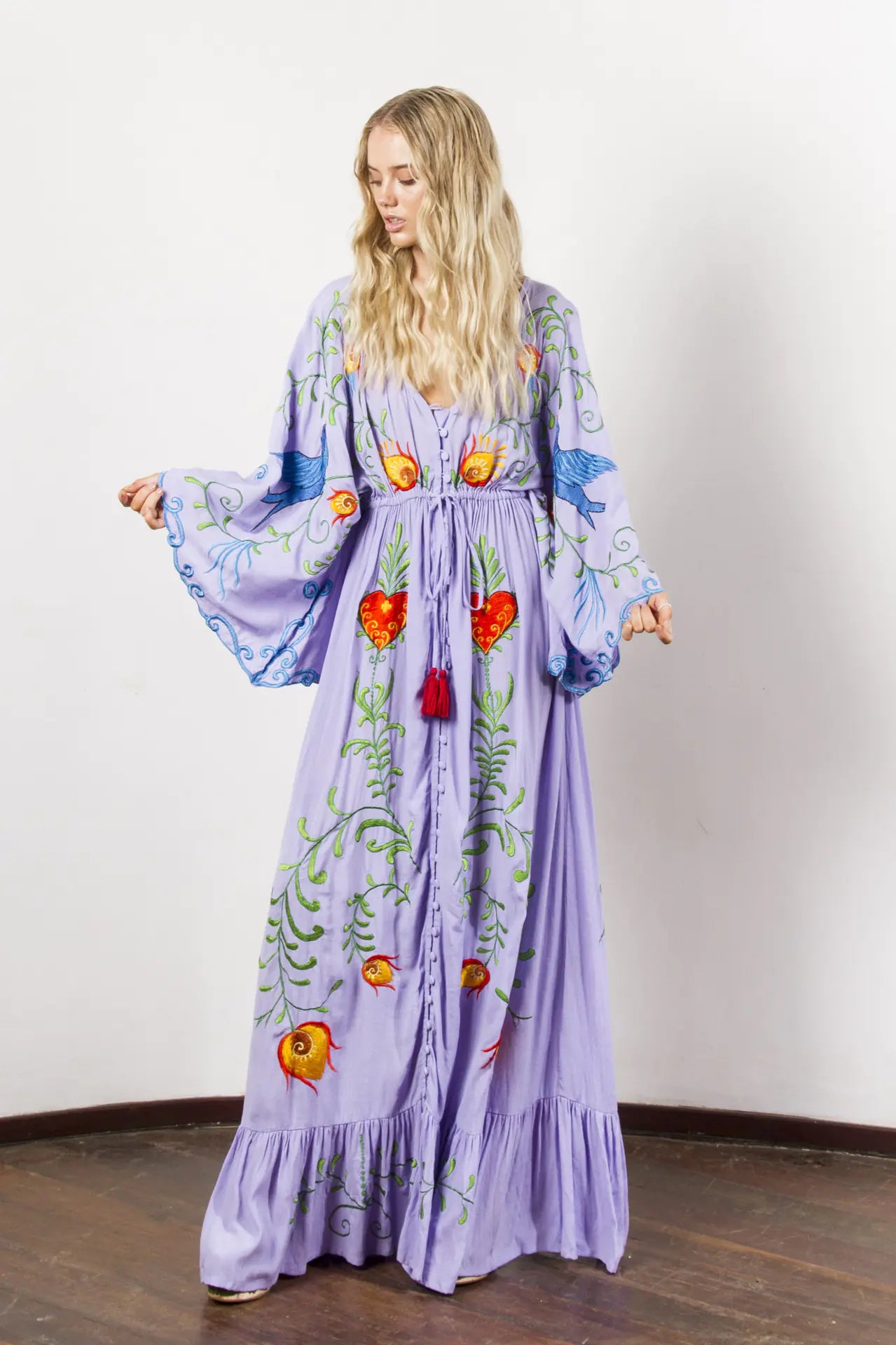 Furrzy Bohemian Floral Embroidered Tassel Maxi Dress