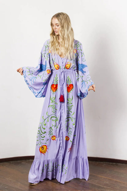 Furrzy Bohemian Floral Embroidered Tassel Maxi Dress