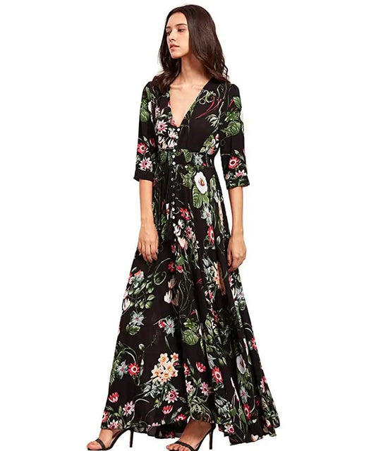 Furrzy Button Floral Bohemian Maxi Beach Dresses