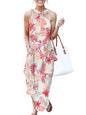 Furrzy Women Summer Halter Neck Maxi Dress Sleeveless Casual Split Side Beach Sundress Travel Vacation Outfits with Pockets Floral Blue Orange Small