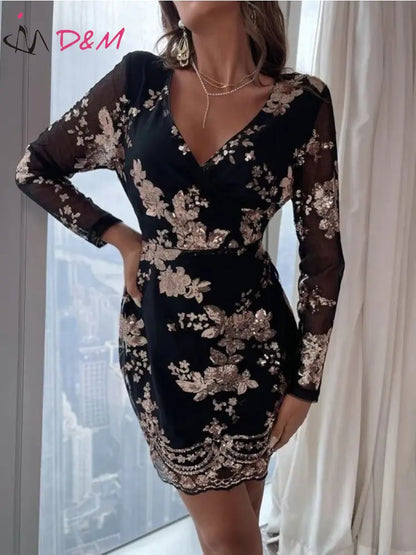 Furrzy Chic Long Sleeve Sheer Floral Sequin Evening Dress