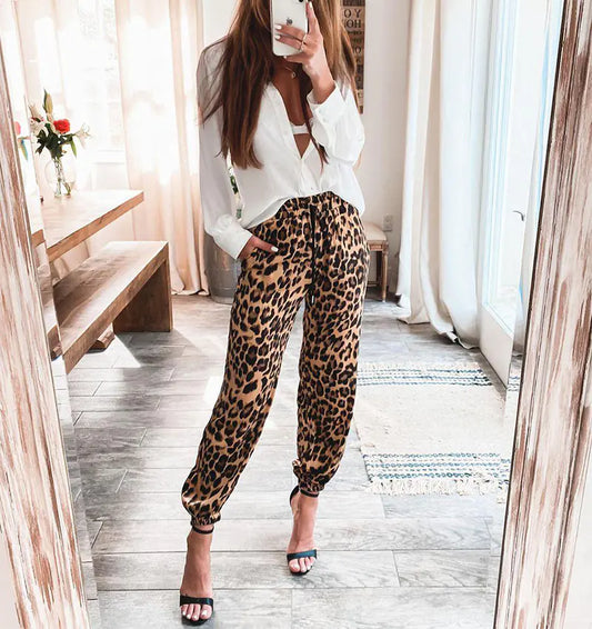 Furrzy Leopard Print Elastic Waist Casual Trousers for Women