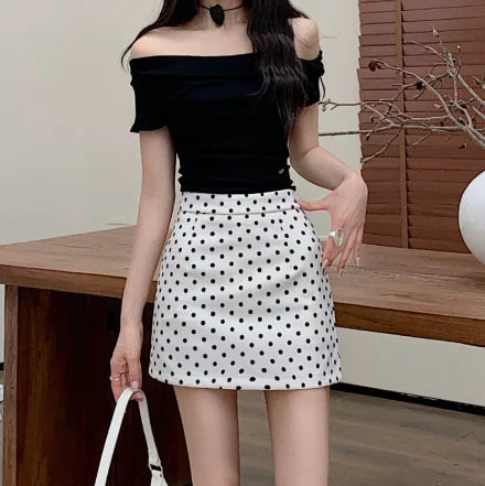 Furrzy High Waist Denim Polka Dot A-Line Skirt