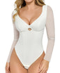 Popilush Long Sleeve Body Suits Womens Shapewear Bodysuit Tummy Control Going Out Mesh Corset Bodysuits for Women Tops V Neck Cutout Fall Winter White