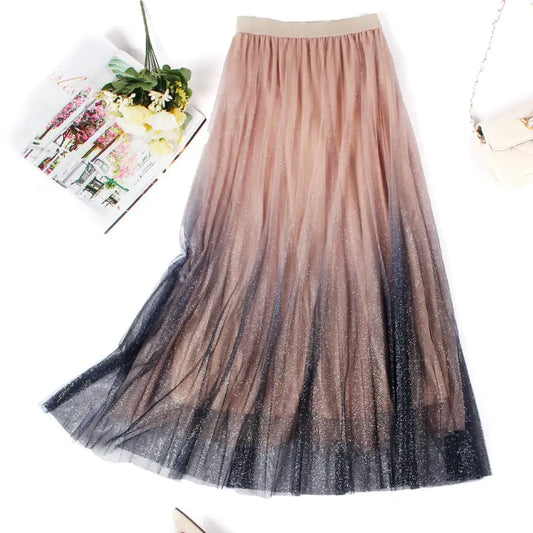 Furrzy High-Waisted Pleated Skirt with Gradient Mesh Design