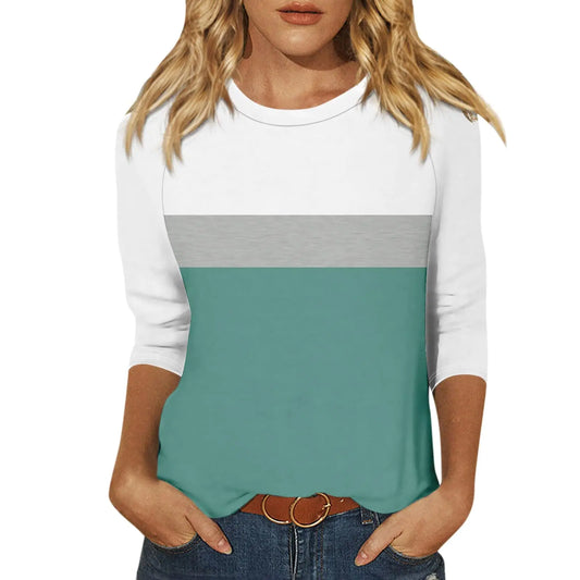 Furrzy 3/4 Sleeve T Shirts for Women Contrast Raglan Crewneck Cute Tops Summer Tshirts Shirts 2024 Loose Trending Elegant Blouses Boho Long Tunics or Tops to Wear with Leggings Womens 3/4 Sleeve Tops