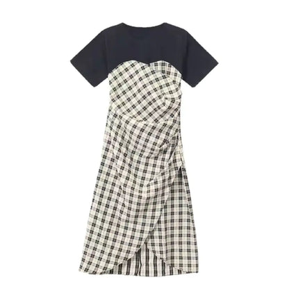 Summer Short Sleeve Splicing Plaid Dress for Women