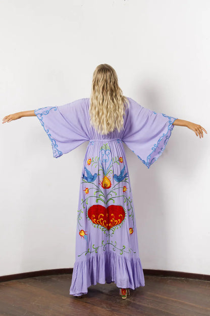 Furrzy Bohemian Floral Embroidered Tassel Maxi Dress