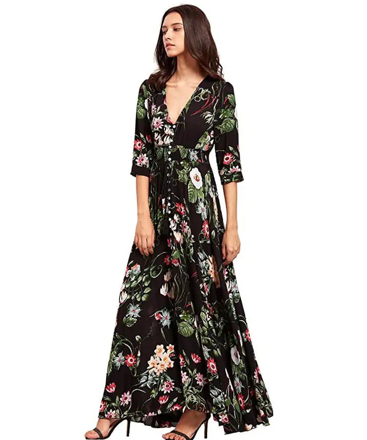 Furrzy Button Floral Bohemian Maxi Beach Dresses