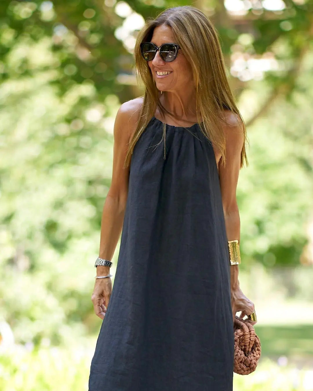 Furrzy New Ladies Casual Cotton Linen Halter Slit Holiday Dress