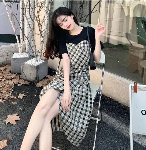 Summer Short Sleeve Splicing Plaid Dress for Women