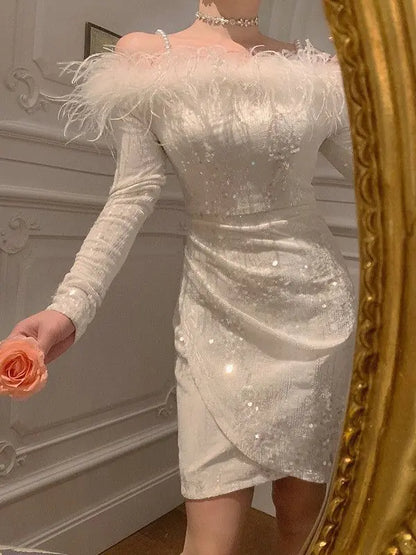 Furrzy Sequined Feather Off-Shoulder Evening Dress for Women