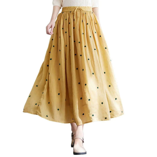 Furrzy Womens Elegant Polka Dot A-Line Skirt Boho Swing Pleated Cotton Midi Long Skirt (Medium Yellow)