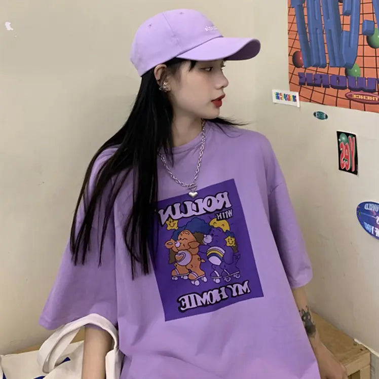 Furrzy Summer Korean Style Purple Oversized T-Shirt for Women