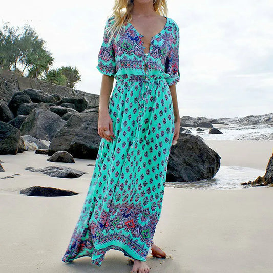 Furrzy Bohemian Floral Maxi Dress for Women - Half Sleeve