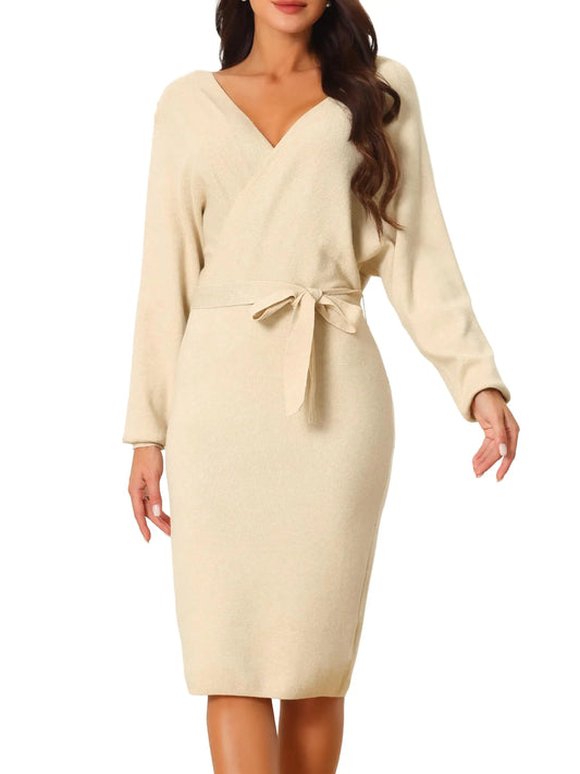 Furrzy Womens V Neck Wrap Sweater Dress Batwing Sleeve Backless Midi Knit Dress with Belted Medium Apricot