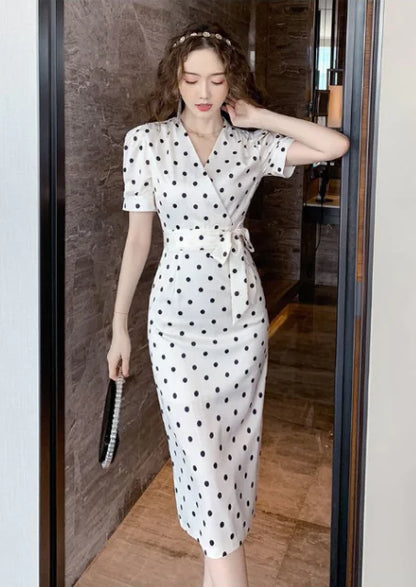 Furrzy Elegant Satin Polka Dot Sheath Dress with Bubble Sleeves