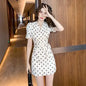 Furrzy Elegant Satin Polka Dot Sheath Dress with Bubble Sleeves