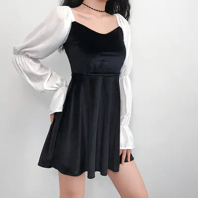 Furrzy Puff Sleeve Vintage Velvet Long Sleeve Dress