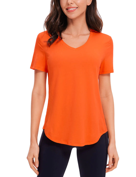 Furrzy YOGA Womens Pima Cotton Short Sleeve Shirts V Neck T-Shirts Casual Workout Tops Gym Clothes Coral X-Small
