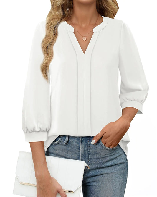 Furrzy Ladies Tops and Blouses: 3/4 Sleeve - Womens Dress Shirts and Blouses - Chiffon Blouse for Women Business Casual Tops V Neck Pleated Tunic Office Work Wear White L