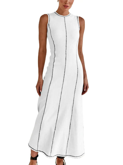 Furrzy Womens Summer Sundress Elegant Casual Crew Neck Sleeveless Knit Striped Bodycon Maxi Dress White Medium