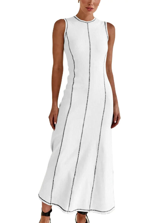 Furrzy Womens Summer Sundress Elegant Casual Crew Neck Sleeveless Knit Striped Bodycon Maxi Dress White Medium