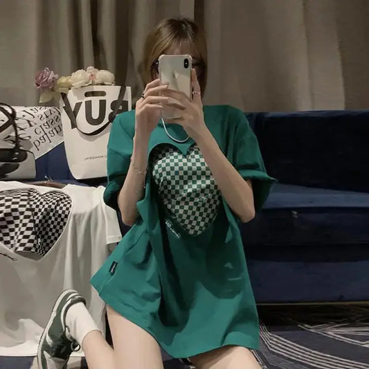Furrzy Korean Plaid Oversized T-Shirt Two-Piece Set for Women