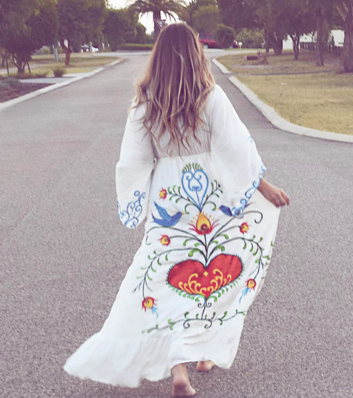 Furrzy Bohemian Floral Embroidered Tassel Maxi Dress