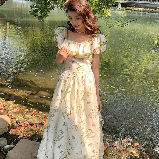 Furrzy Summer Green Floral Dress for Women