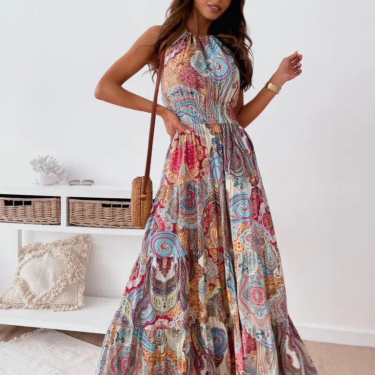 Furrzy Bohemian Floral Backless Maxi Dress for Summer Outings