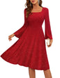 Furrzy Homecoming Dress for Teens Long Sleeve Sequin Dress Square Neck Midi Cocktail Party Formal Dress Glitter Bridesmaid Dresses S006 Red S