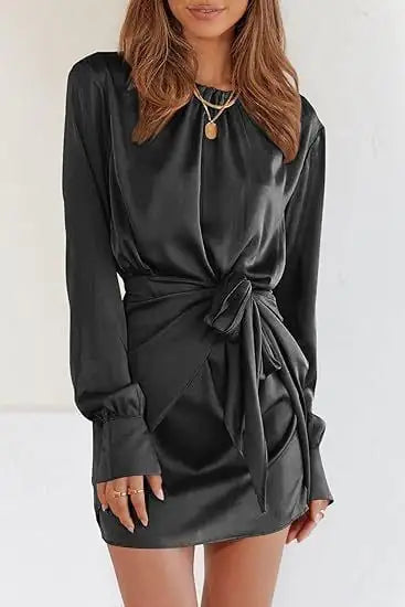 Furrzy Elegant Women's Satin Long Sleeve Cocktail Dress