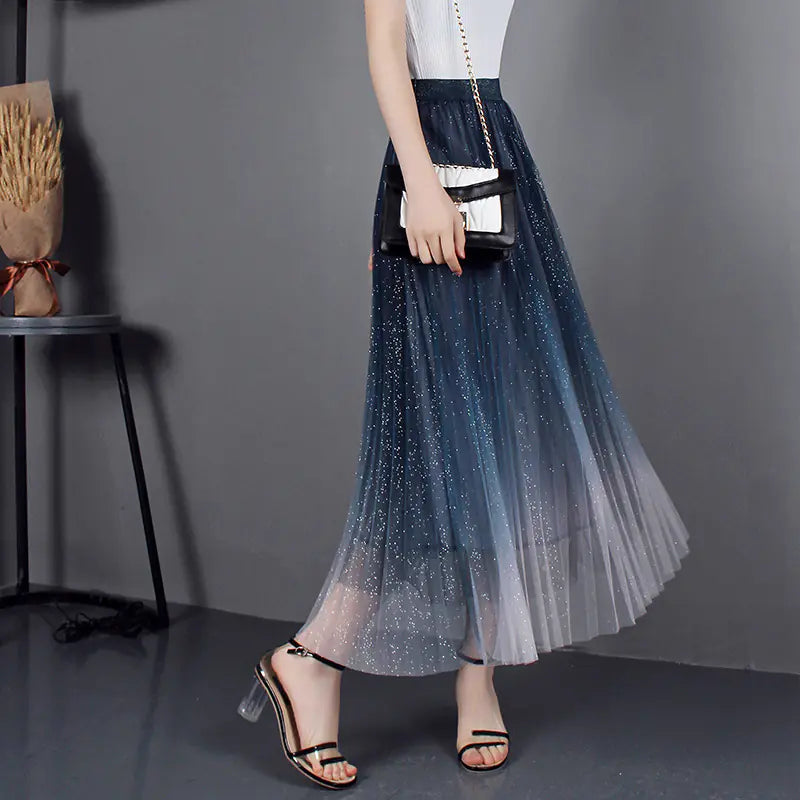 Furrzy High-Waisted Pleated Skirt with Gradient Mesh Design