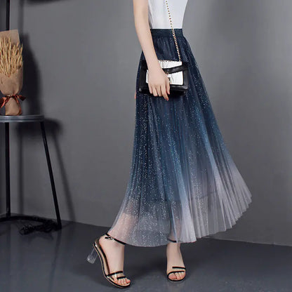 Furrzy High-Waisted Pleated Skirt with Gradient Mesh Design