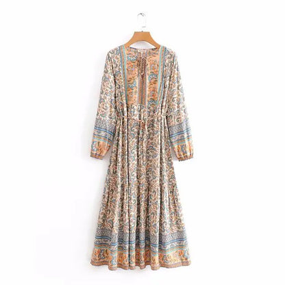 Furrzy Boho Queens Floral Print Lace-up Maxi Dress for Women