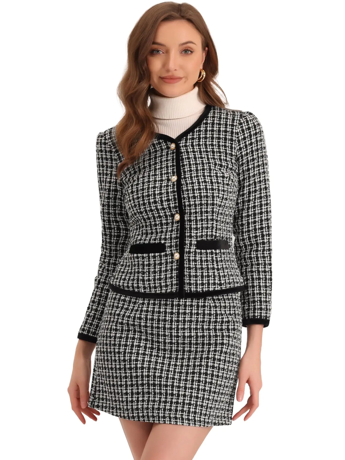 Allegra K Business Suit Set for Womens 2 Piece Outfits Plaid Tweed Short Blazer Jacket and Skirt Sets X-Large Black