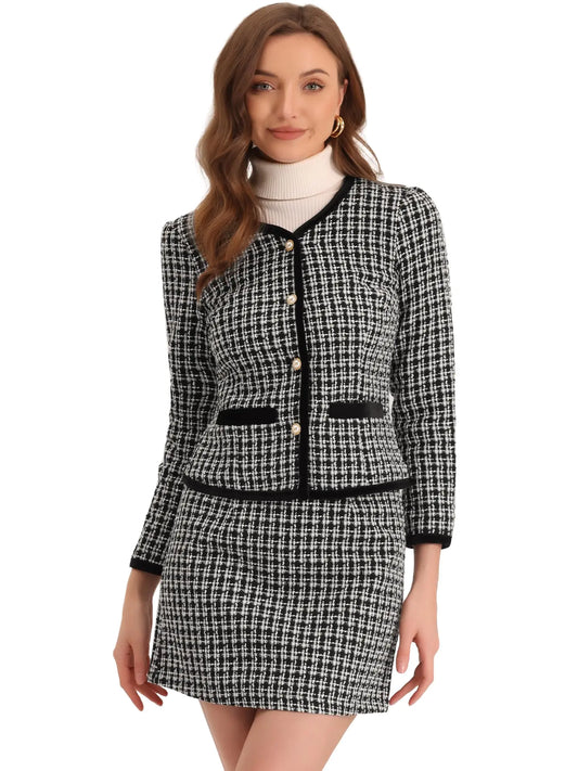 Allegra K Business Suit Set for Womens 2 Piece Outfits Plaid Tweed Short Blazer Jacket and Skirt Sets X-Large Black