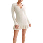 Furrzy Womens Long Sleeve Ruffle Hem Knit Sweater Dress Collared Back Tie Knot Cut Out Mini Bodycon Dress Beige